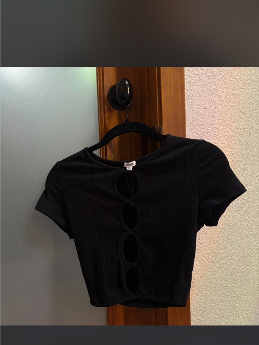 Garage Black Ribbed Short Sleeve Crop Top with Front Cutouts